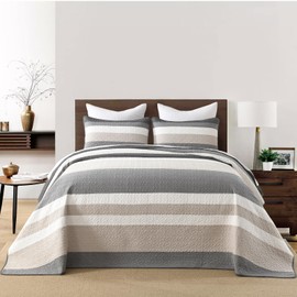FineStichery 100% Cotton Oversized King Quilt Bedspread Coverlet, 120"x120" Extra Large Quilt Set with 2 Pillow Shams, Yarn Dyed Striped Patchwork, Soft Reversible Bedding Set, Gray/White
