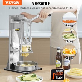 VEVOR Commercial French Fry Cutter with 4 Replacement Blades, 1/4 and 3/8 Blade Easy Dicer Chopper, 6-wedge Slicer and 6-wedge Apple Corer, Lemon Potato Cutter for French Fries with Extended Handle