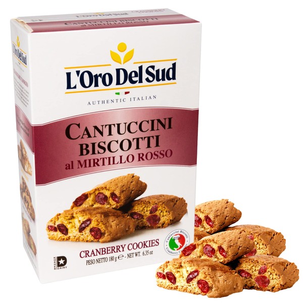 Cranberry Biscotti, Cantuccini d'Abruzzo, Italian Cookies made with real quality ingredients, 180 G, 6.3 oz, L'Oro del Sud