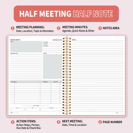 SUNEE Half Meeting Half Note - 7.5"x10" Professional Notebooks for Work - 160 Pages, B5 Size Project Planner, Spiral Meeting Agenda/Minutes Organizer for Women Men, Note Taking, Office & Business