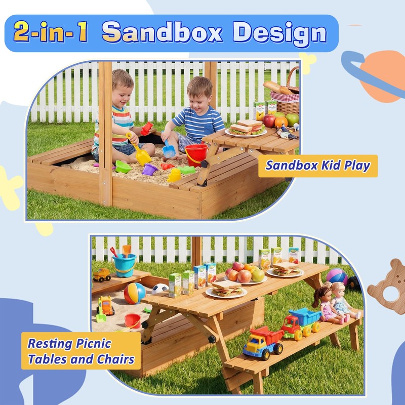 Haverchair Kids Wooden Sandbox with Picnic Table, 2-in-1 Large Sand