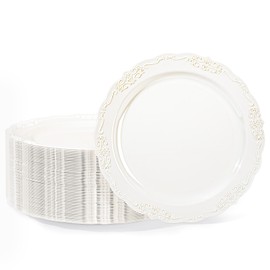 70 Pack 10in Ivory Plastic Dinner Plates, Disposable Round Fancy Plates