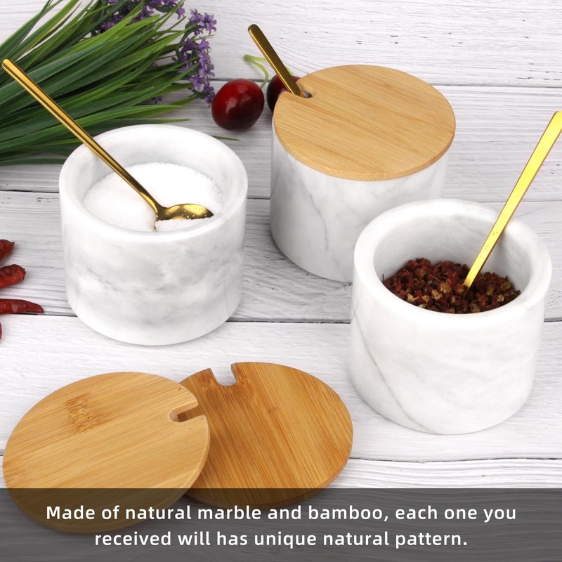 2 Sets Marble Salt Cellar Box with Bamboo Lid &