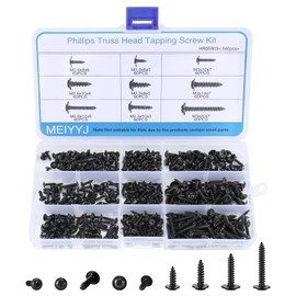 540pcs M2.3 M2.6 M3 Phillips Truss Head Tapping Screw Wafer Head with Washer, Self Tapping Screw Assortment Kit, Black Carbon Steel
