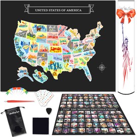 Scratch Off USA Map & 100 Destinations Travel Poster Bundle - Cute Illustrated Adventure Map & Bucket List Poster, Gift for Travelers, Nature Lover Wall Art, Adventure Tracker & Home Decor