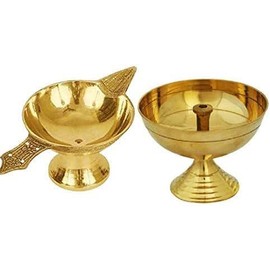 Set of 2 Pure Brass (1 Brass Diya + 1 Akhand Diya) Arti Diya Deepak Wick Lamp Deep Oil Ghee Jyot Diya Stand for Pooja Diwali Religious Temple Kuber Diya Akhand Jyoti