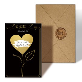 12 Vouchers to Fill Yourself (A6 with Heart Shape Scratch Film Envelope and Wax Seal) - Voucher Design Yourself Voucher Card - Time Instead of Stuff - Voucher for Time Together (Black and Gold)