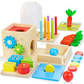 JUSTWOOD Montessori Toys for 1+ Year Old, 8-in-1 Wooden Play Kit Includes Object Permanent Box, Learning Activity Cube, Sorting & Stacking Toy, Carrot Harvest Game, Gift for Boys Girls Age 12+ Months