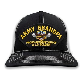 PATCHTOWN Army Grandpa - Proud Grandfather of a US Soldier Hat/Ballcap Adjustable One Size Fits Most (Mesh-Back Black & White, Standard (No Flag))