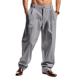 TAFLE Mens Linen Pants Lightweight Solid Casual Pants Straight-Legs Loose Fit Summer Beach Yoga Trousers with Pockets Grey