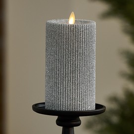 Luminara Brilliant Silver Glitter Ribbed Flameless LED Candle Moving Flame Pillar, Real Wax, Flat Top, Timer (3.25" x 6.5")