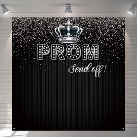 Tiamon Prom Photo Backdrop 71 x 71 Inch 2025 Graduation Party Decoration Black Glitter Photography Background Congrats Grad Banner Background for School Graduation Prom Party Decor Supplies(Silver)