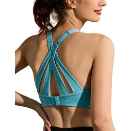 ZeroBound Women's High Impact Sports Bra Criss-Cross Back Padded Strappy Sports Bras Full Coverage Padded Racerback Bras Adjustable Wirefree Push Up Bras (Blue Green, 36DDD)