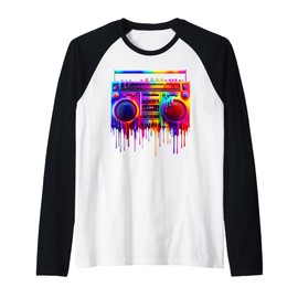 Dripping Paint Boombox Old School 80s Music Hip Hop Raglan Baseball Tee