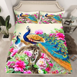 Manfei Peacock Sheet Twin,Elegant Gorgeous Blue Feather Bedding for Teens Girls Woman Room Decor,Pink Flower Animal Theme Bed Sheet Set 3pcs with Deep Pocket Fitted Sheet + Flat Sheet + 1 Pillowcase