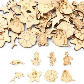 Stiesy 50 Pcs Ocean Animal Theme Unfinished Blank Wooden Slices for Craft Ocean Creature Wood Cutouts Shapes Pieces Sharks Octopuses Starfish Turtles Shape Wood Discs Slices for Card Making Home Decor