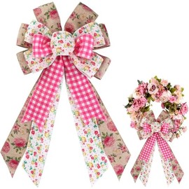 YKW Large Farmhouse Bow for Wreaths, Pink Gingham Floral Wreath Bow with Wired Edge, Shabby Chic Rose Burlap Bow for Front Door, Spring Decor, Cottage Indoor Outdoor Decoration
