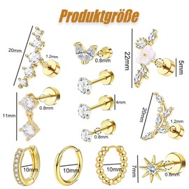 Set of 12 Earrings, Helix Piercings, Gold, Women's Forward Helix Piercing, Simple and Beautiful, Suitable for Ear Nail Boats, Earrings, Tragus Punctures and Ear Accessories (Golden)