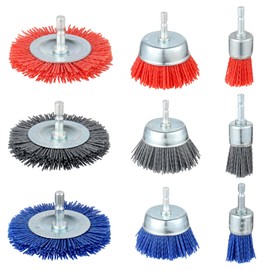 AOKLIT 9 Pack Nylon Filament Abrasive Wire Brush Wheel & Cup Brush Set, Nylon Brush for Drill with 1/4”Hex Shank for Removal of Rust Corrosion Paint-80 Grit, 120 Grit, 240 Grit
