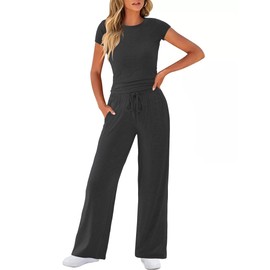 COPYLEAF Womens 2 Piece Lounge Sets Drawstring Wide Leg Sweatpants Ruched Crop Top Matching Set Casual Outfits Pajamas