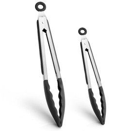 Kitchen Tongs 9'' and 12'' Tongs for Cooking 2 Pcs Black Silicone Tongs Stainless Steel Locking Food Tongs with Silicone Tips Heat Resistant Serving Tong for BBQ Food Grilling Salad Kitchen Utensils
