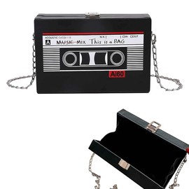 Aoreun Cassette Handbag Retro Shoulder Bag Women's Slanted Shoulder Bag Radio Handbag Bag Cassette Shoulder Bag 90s Chain Bag for 80s 90s Disco Party Decoration, black