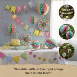 Premium Reusable Birthday Party Decorations - Pastel Birthday Decoration Set - Happy Birthday Banner, Birthday Bunting, Honeycomb Decorations, Pom Poms, Paper Streamers - Pastel Party Decorations