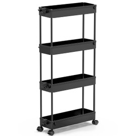 SPACEKEEPER Slim Rolling Storage Cart 4 Tier Bathroom Organizer Cart Mobile Shelving Unit Slide Out Utility Cart for Kitchen, Bthroom, Makeup, Craft, Laundry Narrow Places, Black