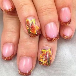 Fall French Tip Press on Nails Short Square Fake Nails with Maple Leaf Design Glue on Nails Nude Pink Acrylic Nails Full Cover Glossy Glitter Autumn False Nails for Women Thanksgiving Nail Decor 24Pcs