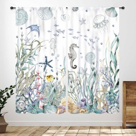 Cortinas náuticas de playa, caballito de mar costero, animales submarinos, habitación de niños, tratamientos, cortinas de verano, sala de estar, baño, juego de 2 piezas, 55 x 63 pulgadas