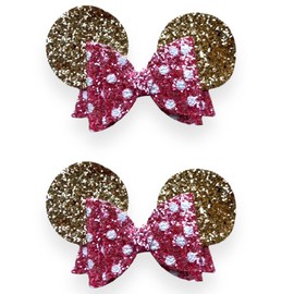Minnie Mouse Ears Girls Glitter Hair Bows Clips Slides Grips 3.5" Inch Handmade 2pcs Pink & Gold Polka Dot
