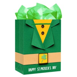 FaCraft St.Patrick Day Gift Bags with Handle,11.5" Saint Patrick's Day Leprechaun Gift Bag Irish Shamrock Bag with Tissue Paper Luck Green Paper Bags for Kids Classroom Party Favors Supplies