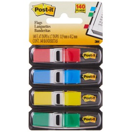 Post-it Flags, 35/Dispenser, 4 Dispensers/Pack.47 in Wide, Assorted Primary Colors (683-4)