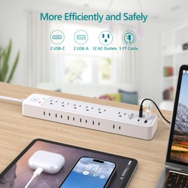 2 Pack Surge Protector Power Strip with 4 USB Ports(2 USB-C), 12 AC Outlets, 1500J Surge Protection, 5Ft Flat Plug Extension Cord, Wall Mount for Home, Office, College Dorm Room Essentials