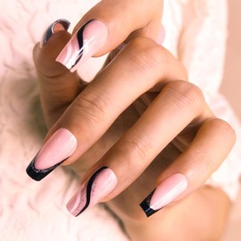 Frinail Press on Fake Nails,Medium Coffin Glue on Nails French Black Tip Glitter Strap Designed Acrylic False Nails Press ons,24PCS 10 Size Gel Manicure Stick on Nails for Finger,French Pink Glitter