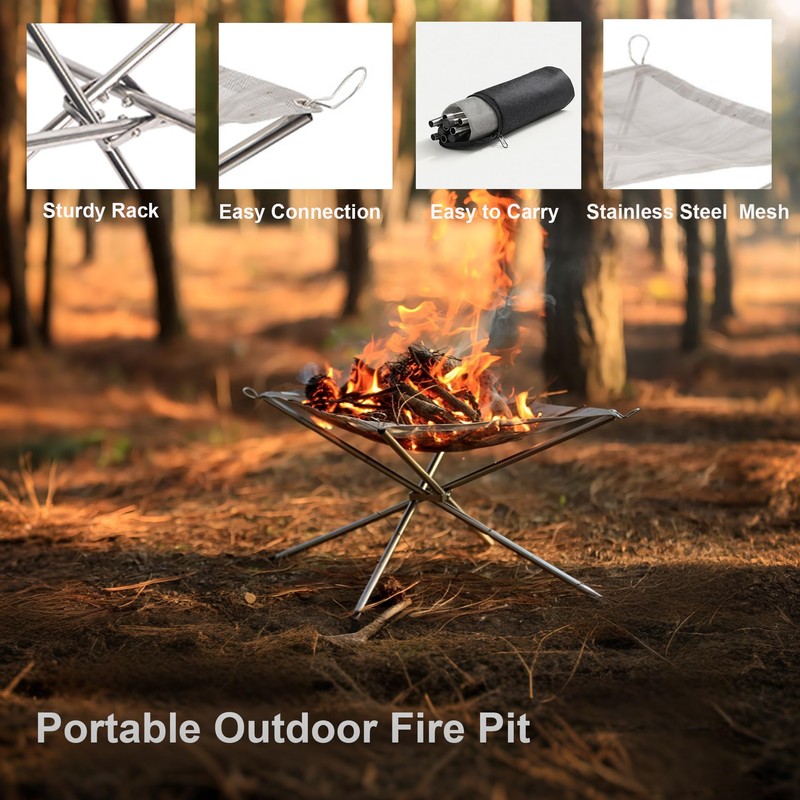 Portable Fire Pit, 22-inch Outdoor Camping Fireplace, Collapsible Stainless Steel