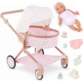– Doll  Twin Stroller Accessories Set – Foldable Canopy  Storage Basket – Pink  Golden Stars Design – Pretend Play – Toys for Kids Ages 2 Years Old  Up – Doll Double Stroller Set - Style: Doll  Twin Stoller with Acc