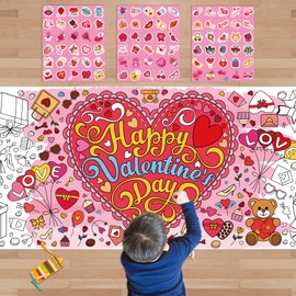 OHOME 91 PCS Valentine's Stickers with Giant Coloring Poster - Valentines Day Crafts for Kids - Valentines Day Decorations - Valentine's Treats Favors - Valentine Day Gifts for Kids Classroom