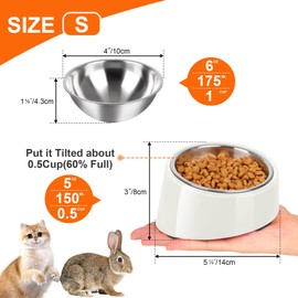 Petvillage Tilted Angle Dog Bowl, 15° Slanted Stainless Steel Dog Cat Food Bowl, Non-Slip & Non-Spill Pet Feeder with Elevated Detachable Melamine Stand, Easy to Get Food Dog Dish, S/0.5 Cup White