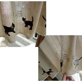 黒猫柄 麻混ナチュラルベージュ カフェカーテン(幅120cm x 丈45cm)
