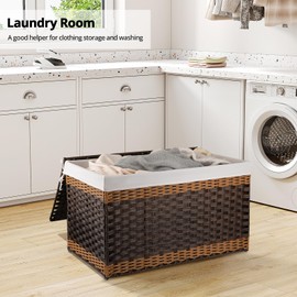 OIAHOMY Storage Basket with Lid, 42.3 Gallon (160L) Blanket Basket with Removable Liner Bag, Synthetic Wicker Hamper with Handle, Foldable, Hamper for Living Room, Brown