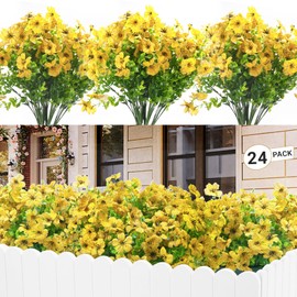 24 Bundles Artificial Flowers for Outdoors & Indoors – UV Resistant Faux Plastic Plants for Garden, Patio, Porch, Window Box, Home Decor – Lush & Vibrant Fake Flowers, Yellow