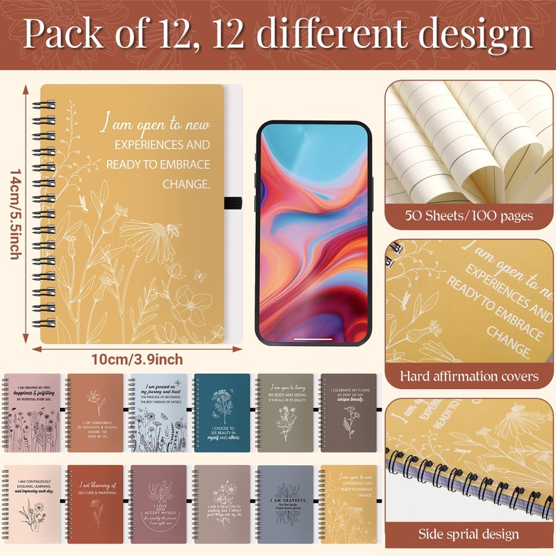 Kosiz 24 Pcs/12 Set Positive Affirmation Gifts Gratitude Spiral Notebooks
