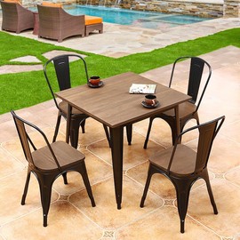 Yaheetech Patio Chairs Set of 4,18 Inch Stackable Metal Dining Chairs with Wooden Seat for Outdoor, 330 LB Weight Capacity, Black