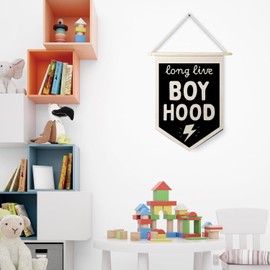 Qpenm Long Live Boyhood Wall Hanging Canvas Banner, Boys Room Decor, Modern Black and White Lightning Nursery Hanging Pennant Flag Posters Prints for Toddler Baby Little Boy Kids Room Playroom Decor