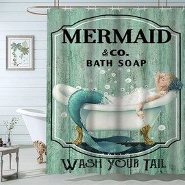 Famiffty Mermaid Shower Curtain Mermaid Bathroom Set 60Wx72L Inch Little Teal Green Vintage Mermaid Wash Your Tail Funny Ocean Bathtub Bubbles Wood Waterproof Polyester Fabric 12 Plastic Hooks