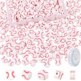 CCOZN 100 Pcs Baseball Beads for Jewelry Making, Sports Polymer Clay Beads Bulk with Box, 10mm Baseball Softball Beads Charms,Sports Ball Spacer Beads for DIY Crafts Bracelet (White)