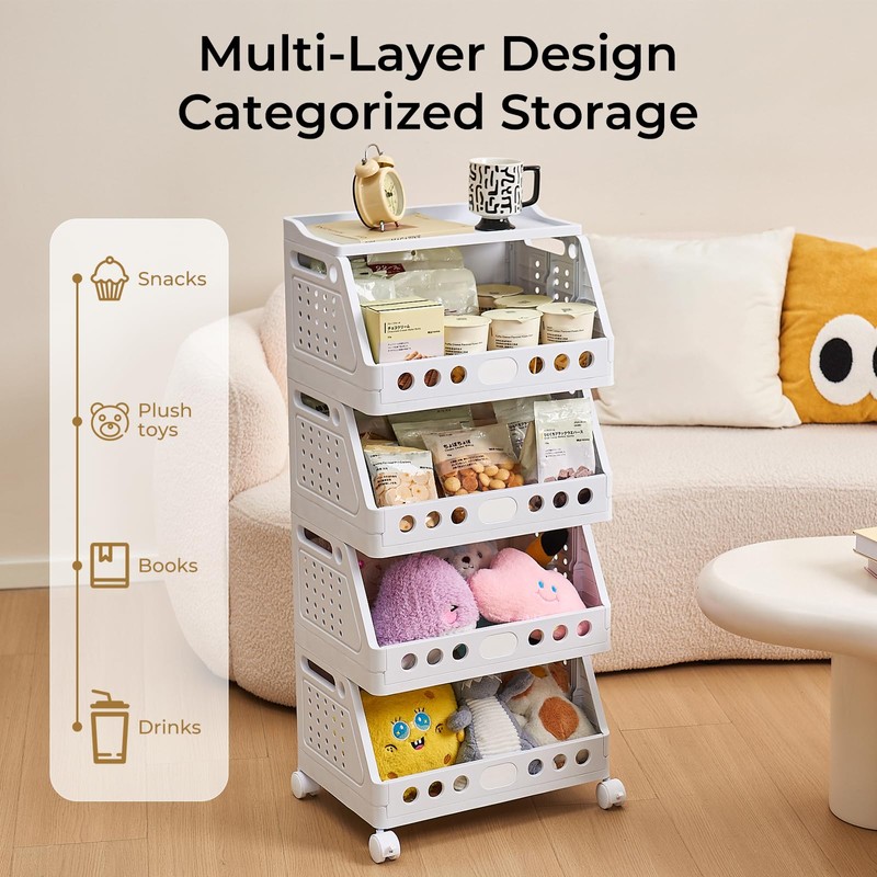 UFORU 4 Tier Rolling Storage Cart, Plastic Open Storage Basket