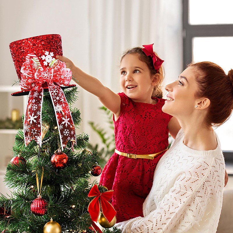 YUEMING Christmas Tree Topper Hat, Red Hat with Striped Bow