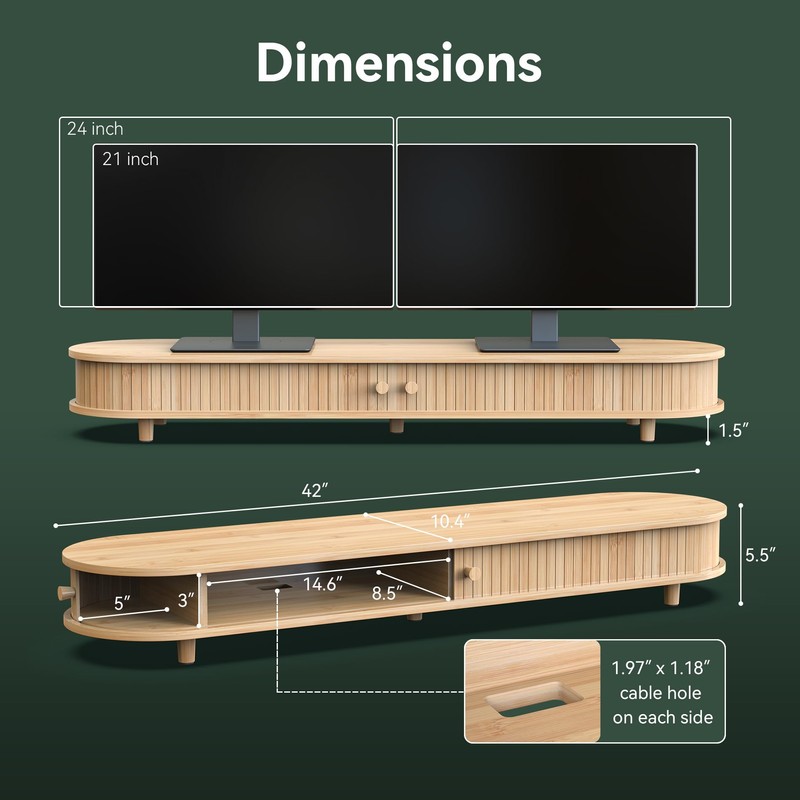WELL WENG Bamboo Dual Monitor Stand with Storage, Curved Double